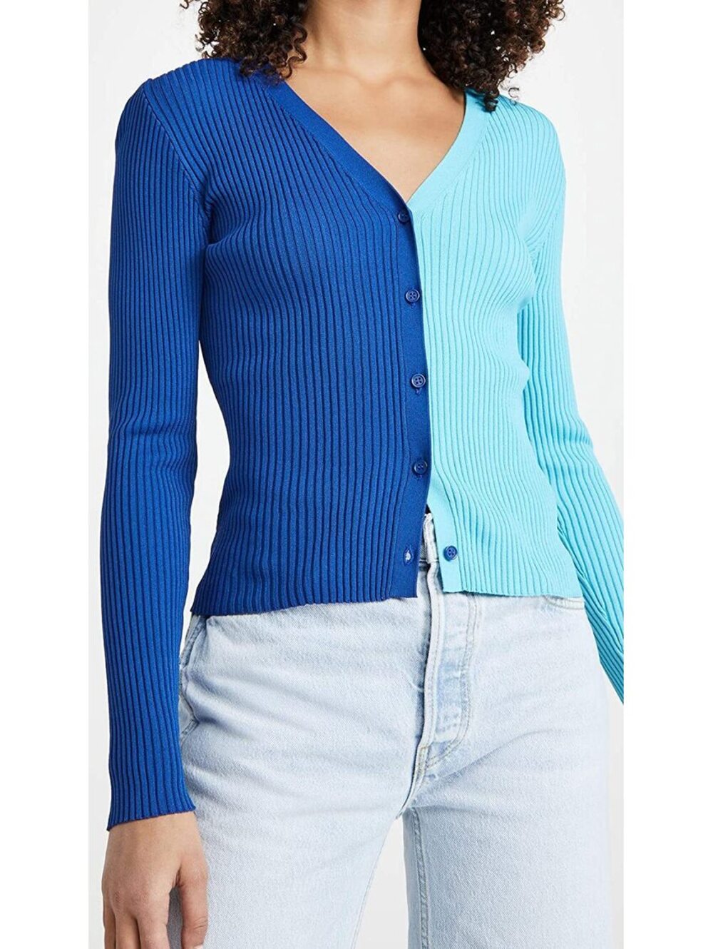STAUD Cargo Colorblock Blue Ribbed V-Neck Cardigan Sweater Size M